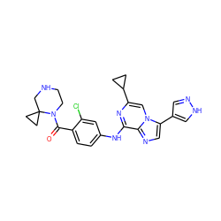 O=C(c1ccc(Nc2nc(C3CC3)cn3c(-c4cn[nH]c4)cnc23)cc1Cl)N1CCNCC12CC2 ZINC000072123197