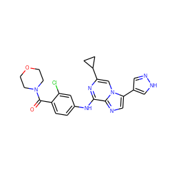 O=C(c1ccc(Nc2nc(C3CC3)cn3c(-c4cn[nH]c4)cnc23)cc1Cl)N1CCOCC1 ZINC000072125069