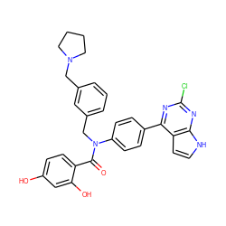 O=C(c1ccc(O)cc1O)N(Cc1cccc(CN2CCCC2)c1)c1ccc(-c2nc(Cl)nc3[nH]ccc23)cc1 ZINC000653767525