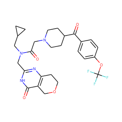 O=C(c1ccc(OC(F)(F)F)cc1)C1CCN(CC(=O)N(Cc2nc3c(c(=O)[nH]2)COCC3)CC2CC2)CC1 ZINC000208774793