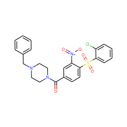 O=C(c1ccc(S(=O)(=O)c2ccccc2Cl)c([N+](=O)[O-])c1)N1CCN(Cc2ccccc2)CC1 ZINC000020664198