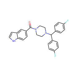 O=C(c1ccc2[nH]ccc2c1)N1CCN(C(c2ccc(F)cc2)c2ccc(F)cc2)CC1 ZINC000028872233