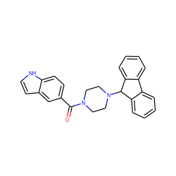 O=C(c1ccc2[nH]ccc2c1)N1CCN(C2c3ccccc3-c3ccccc32)CC1 ZINC000021289745