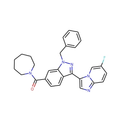 O=C(c1ccc2c(-c3cnc4ccc(F)cn34)nn(Cc3ccccc3)c2c1)N1CCCCCC1 ZINC000115950444