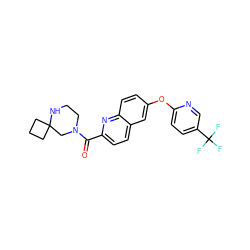 O=C(c1ccc2cc(Oc3ccc(C(F)(F)F)cn3)ccc2n1)N1CCNC2(CCC2)C1 ZINC001772575034