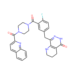 O=C(c1ccc2ccccc2n1)N1CCN(C(=O)c2cc(Cc3n[nH]c(=O)c4c3NCCC4)ccc2F)CC1 ZINC000147988527