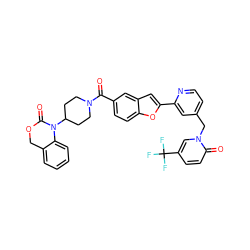 O=C(c1ccc2oc(-c3cc(Cn4cc(C(F)(F)F)ccc4=O)ccn3)cc2c1)N1CCC(N2C(=O)OCc3ccccc32)CC1 ZINC000029216082