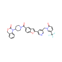 O=C(c1ccc2oc(-c3cncc(Cn4cc(C(F)(F)F)ccc4=O)c3)cc2c1)N1CCC(N2C(=O)OCc3ccccc32)CC1 ZINC000029209508