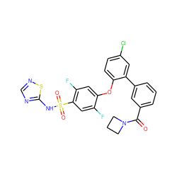 O=C(c1cccc(-c2cc(Cl)ccc2Oc2cc(F)c(S(=O)(=O)Nc3ncns3)cc2F)c1)N1CCC1 ZINC000095583110
