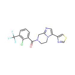 O=C(c1cccc(C(F)(F)F)c1Cl)N1CCn2c(-c3cscn3)cnc2C1 ZINC000095566088