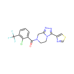 O=C(c1cccc(C(F)(F)F)c1Cl)N1CCn2c(nnc2-c2cscn2)C1 ZINC000095565330