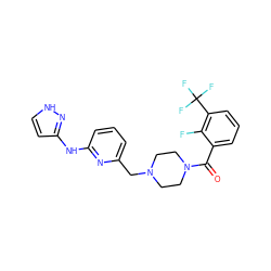 O=C(c1cccc(C(F)(F)F)c1F)N1CCN(Cc2cccc(Nc3cc[nH]n3)n2)CC1 ZINC000043129866