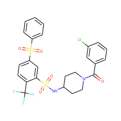 O=C(c1cccc(Cl)c1)N1CCC(NS(=O)(=O)c2cc(S(=O)(=O)c3ccccc3)ccc2C(F)(F)F)CC1 ZINC000049746167