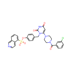 O=C(c1cccc(Cl)c1)N1CCN(c2cc(=O)[nH]c(=O)n2Cc2ccc(OS(=O)(=O)c3cccc4cnccc34)cc2)CC1 ZINC000205366069