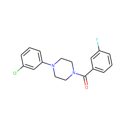 O=C(c1cccc(F)c1)N1CCN(c2cccc(Cl)c2)CC1 ZINC000000860212