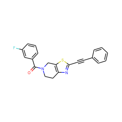 O=C(c1cccc(F)c1)N1CCc2nc(C#Cc3ccccc3)sc2C1 ZINC000096273035