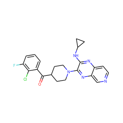 O=C(c1cccc(F)c1Cl)C1CCN(c2nc3cnccc3nc2NC2CC2)CC1 ZINC000144115131