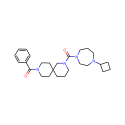 O=C(c1ccccc1)N1CCC2(CCCN(C(=O)N3CCCN(C4CCC4)CC3)C2)CC1 ZINC000103244069