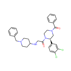 O=C(c1ccccc1)N1CCN(C(=O)CNC2CCN(Cc3ccccc3)CC2)[C@H](c2ccc(Cl)c(Cl)c2)C1 ZINC000026848223