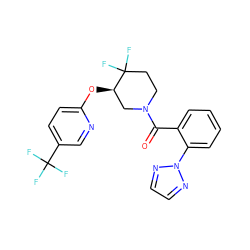 O=C(c1ccccc1-n1nccn1)N1CCC(F)(F)[C@H](Oc2ccc(C(F)(F)F)cn2)C1 ZINC000146436238