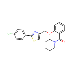 O=C(c1ccccc1OCc1csc(-c2ccc(Cl)cc2)n1)N1CCCCC1 ZINC000011422919