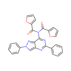 O=C(c1ccco1)N(C(=O)c1ccco1)c1nc(-c2ccccc2)nc2cn(-c3ccccc3)nc12 ZINC000095584472