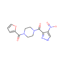 O=C(c1ccco1)N1CCN(C(=O)c2n[nH]cc2[N+](=O)[O-])CC1 ZINC000005491250