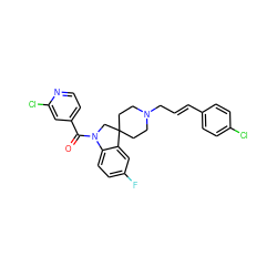 O=C(c1ccnc(Cl)c1)N1CC2(CCN(C/C=C/c3ccc(Cl)cc3)CC2)c2cc(F)ccc21 ZINC000114798354