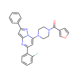 O=C(c1ccoc1)N1CCN(c2cc(-c3ccccc3F)nc3cc(-c4ccccc4)nn23)CC1 ZINC000095571143