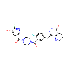 O=C(c1cnc(Cl)c(O)c1)N1CCN(C(=O)c2cc(Cc3n[nH]c(=O)c4c3NCCC4)ccc2F)CC1 ZINC000146673292