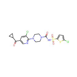 O=C(c1cnc(N2CCN(C(=O)NS(=O)(=O)c3ccc(Cl)s3)CC2)c(Cl)c1)C1CC1 ZINC000096272825