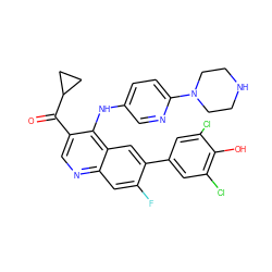 O=C(c1cnc2cc(F)c(-c3cc(Cl)c(O)c(Cl)c3)cc2c1Nc1ccc(N2CCNCC2)nc1)C1CC1 ZINC000203989544