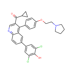 O=C(c1cnc2ccc(-c3cc(Cl)c(O)c(Cl)c3)cc2c1-c1ccc(OCCN2CCCC2)cc1)C1CC1 ZINC000203987071