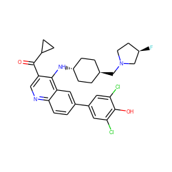 O=C(c1cnc2ccc(-c3cc(Cl)c(O)c(Cl)c3)cc2c1N[C@H]1CC[C@H](CN2CC[C@@H](F)C2)CC1)C1CC1 ZINC000473152131