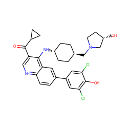 O=C(c1cnc2ccc(-c3cc(Cl)c(O)c(Cl)c3)cc2c1N[C@H]1CC[C@H](CN2CC[C@H](O)C2)CC1)C1CC1 ZINC000473152134