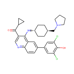 O=C(c1cnc2ccc(-c3cc(Cl)c(O)c(Cl)c3)cc2c1N[C@H]1CC[C@H](CN2CCCC2)CC1)C1CC1 ZINC000473152126