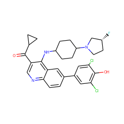 O=C(c1cnc2ccc(-c3cc(Cl)c(O)c(Cl)c3)cc2c1NC1CCC(N2CC[C@@H](F)C2)CC1)C1CC1 ZINC000203986539