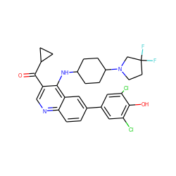 O=C(c1cnc2ccc(-c3cc(Cl)c(O)c(Cl)c3)cc2c1NC1CCC(N2CCC(F)(F)C2)CC1)C1CC1 ZINC000114032045