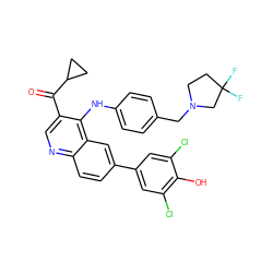 O=C(c1cnc2ccc(-c3cc(Cl)c(O)c(Cl)c3)cc2c1Nc1ccc(CN2CCC(F)(F)C2)cc1)C1CC1 ZINC000114038420