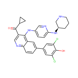 O=C(c1cnc2ccc(-c3cc(Cl)c(O)c(Cl)c3)cc2c1Nc1ccc(N[C@@H]2CCCNC2)nc1)C1CC1 ZINC000114040246