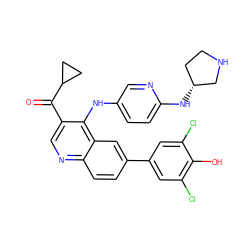 O=C(c1cnc2ccc(-c3cc(Cl)c(O)c(Cl)c3)cc2c1Nc1ccc(N[C@@H]2CCNC2)nc1)C1CC1 ZINC000114034703