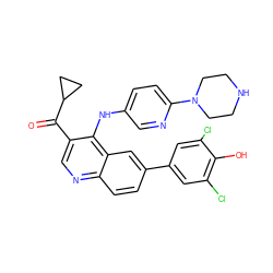 O=C(c1cnc2ccc(-c3cc(Cl)c(O)c(Cl)c3)cc2c1Nc1ccc(N2CCNCC2)nc1)C1CC1 ZINC000114035739