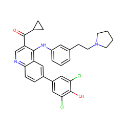 O=C(c1cnc2ccc(-c3cc(Cl)c(O)c(Cl)c3)cc2c1Nc1cccc(CCN2CCCC2)c1)C1CC1 ZINC000203801327