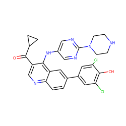 O=C(c1cnc2ccc(-c3cc(Cl)c(O)c(Cl)c3)cc2c1Nc1cnc(N2CCNCC2)nc1)C1CC1 ZINC000114038275