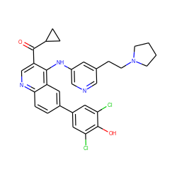 O=C(c1cnc2ccc(-c3cc(Cl)c(O)c(Cl)c3)cc2c1Nc1cncc(CCN2CCCC2)c1)C1CC1 ZINC000114037256