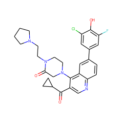 O=C(c1cnc2ccc(-c3cc(F)c(O)c(Cl)c3)cc2c1N1CCN(CCN2CCCC2)C(=O)C1)C1CC1 ZINC000114038539