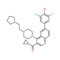 O=C(c1cnc2ccc(-c3cc(F)c(O)c(Cl)c3)cc2c1N1CCN(CCN2CCCC2)CC1)C1CC1 ZINC000114038955