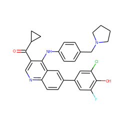 O=C(c1cnc2ccc(-c3cc(F)c(O)c(Cl)c3)cc2c1Nc1ccc(CN2CCCC2)cc1)C1CC1 ZINC000114038546