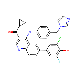 O=C(c1cnc2ccc(-c3cc(F)c(O)c(Cl)c3)cc2c1Nc1ccc(Cn2ccnc2)cc1)C1CC1 ZINC000203987051