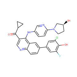 O=C(c1cnc2ccc(-c3cc(F)c(O)c(Cl)c3)cc2c1Nc1ccc(N2CC[C@H](O)C2)nc1)C1CC1 ZINC000203988437